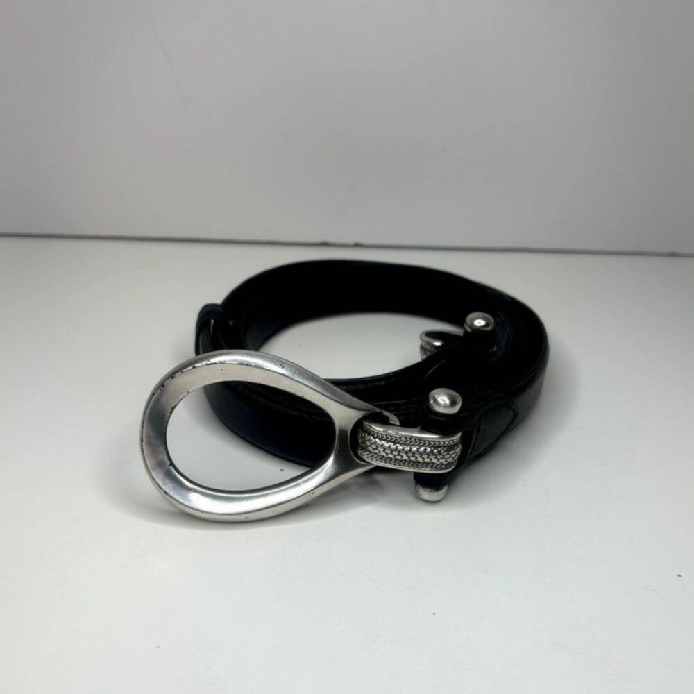 Apostrophe Black Leather Hook and Eye Boho Womens Belt Silver Stylish Designer